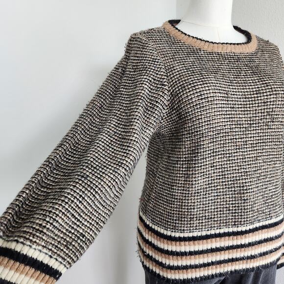 Vintage 90s Y2K Tan Black Knit Crew Neck Sweater Minimalist Fall Pullover L - Picture 4 of 10